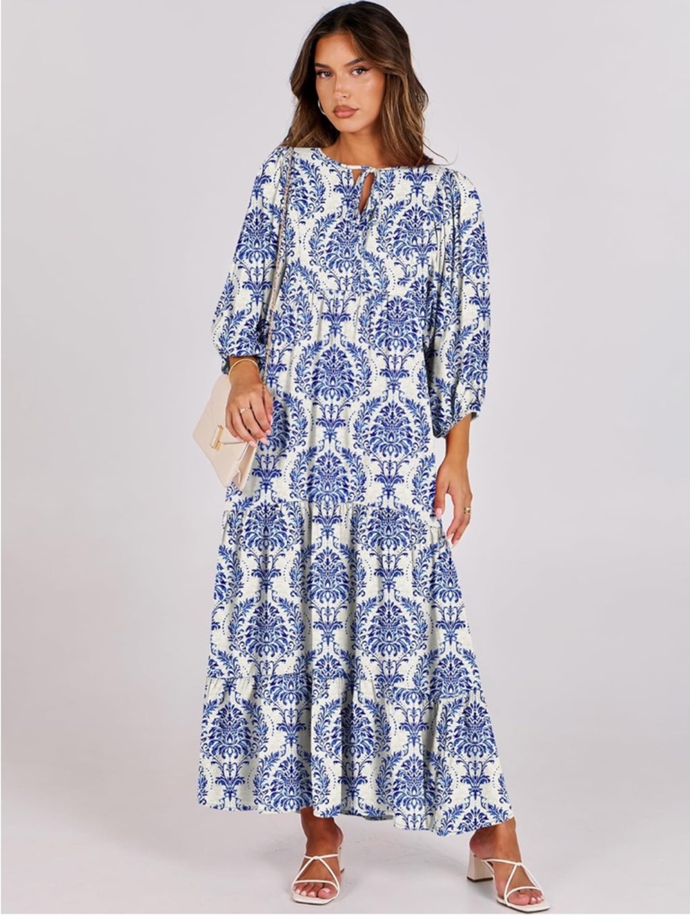 Long Sleeve Blue and White Block Print  Maxi Dress with Keyhole Detail